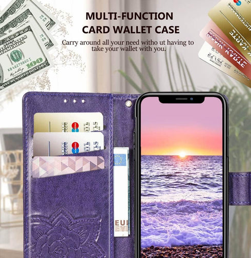 iPhone 12 Pro/iPhone 12 Wallet Case, Women Flip Folio Cover with Butterfly Embossed PU Leather, Purple