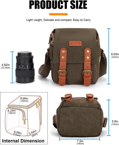 CADeN Compact Camera Bag Case: Small 1.0 Brown, Canvas Leather Trim, Waterproof, Compatible for Nikon, Canon, Sony