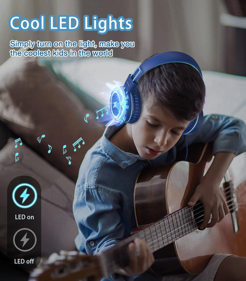 Upgrade USB Type C Kids Headphones with LED Lights, Microphone, Volume Limiter 85/94dB - Blue, Perfect for School &