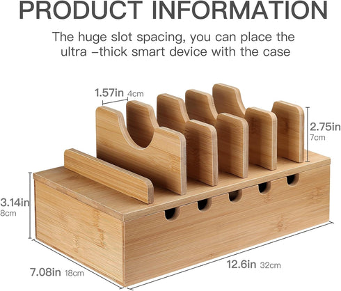Bamboo Charging Station Organizer for Multiple Devices, Nightstand Bedside Desk Docking Charger for Laptops, Tablets,