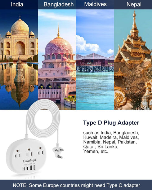 India to US Plug Adapter, 3 American Outlets & 4 USB Ports (2 USB-C), 24W Type D Travel Adapter for USA to India