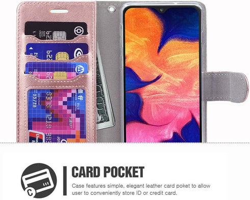 Galaxy A10E Wallet Case - Premium PU Leather Flip Cover with Card Slots & Kickstand, Rose Gold