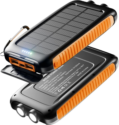 20000mAh Power Bank - Portable Solar Charger, External Battery Pack with Dual Built-in Super Bright Flashlight,