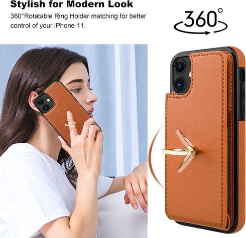 Folosu iPhone 11 Case Wallet with Card Holder, 360°Rotation Finger Ring Holder, Shockproof PU Leather Cover, Brown