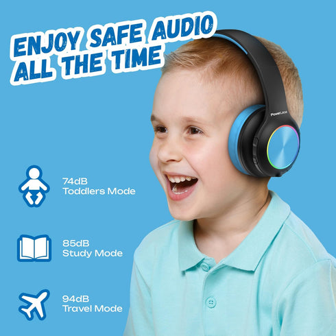 PowerLocus PLED Kids Bluetooth Headphones, Wireless Headphones with LED Lights, 74/85/94dB Safe Volume, Micro SD, AUX