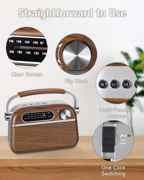 PRUNUS J-130 Small Retro Vintage Radio Bluetooth, Portable AM FM Transistor Radio, Rechargeable
