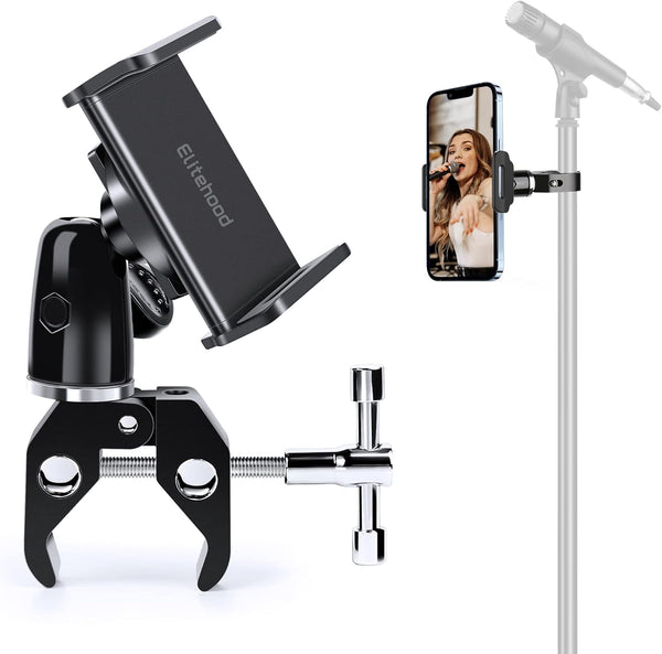 elitehood 360° Swivel Tilt Mic Stand Phone Holder, Adjustable Mount for Music Boom Mic, Compatible with All Smartphones