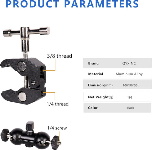 Cool Dual Ball Head Magic Arm Adapter Camera Clamp Mount with 1/4 and 3/8 Thread for DSLR, LED Light, 2 Pack