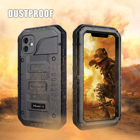 Mitywah Waterproof Case for iPhone 11, Heavy Duty Metal Full Body Protective Case, Shockproof Rugged Defender, Black