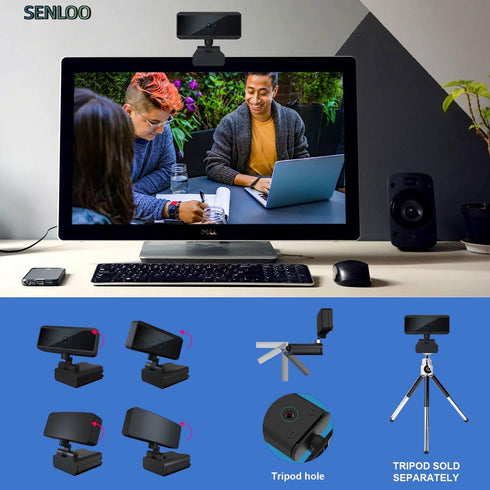 SENLOO 1080P Full HD Webcam - Webcam for Pc - Auto Focus Webcams - Wide Angle Camera with Built-in Dual Mic for Laptop