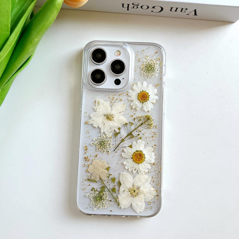 iPhone 15 Pro Max Clear Case with Glitter White Floral Design, Slim Soft TPU, Pressed Real Flowers, Women's Phone Cover.