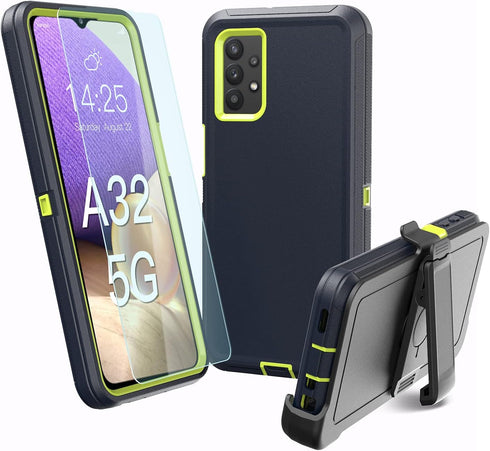 muitq Heavy Duty Case for Galaxy A32 5G, Not Fit 4G, Shockproof, Dropproof, Dust-Proof with Clip (Blue-Green)