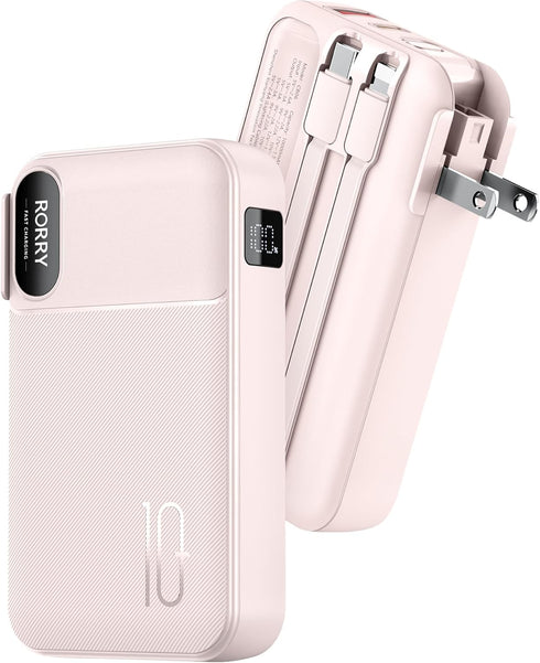 RORRY Portable Charger Built in Cables, AC Wall Plug in Portable Charger Power