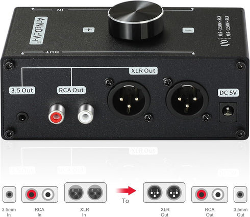 Stereo Audio Preamplifier - Black XLR Balanced RCA 3.5mm Input/Output Converter Adapter, Gain 20dB Phono Preamp