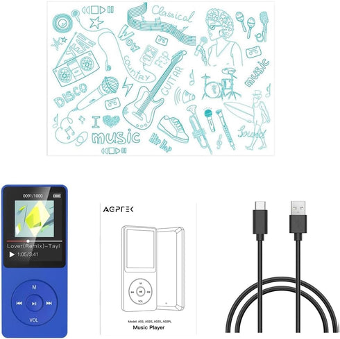 AGPTEK A02PL 64GB MP3 70 128GB(Deep Player, Hours Playback Lossless Sound Music Player, Supports up to Blue)