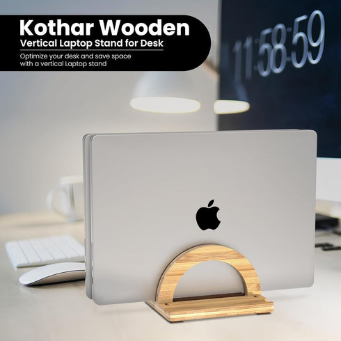 Premium Wood Vertical Laptop Stand, Adjustable Dual Slot Bamboo Holder for MacBook, Dell, HP, Space-Saving Desktop