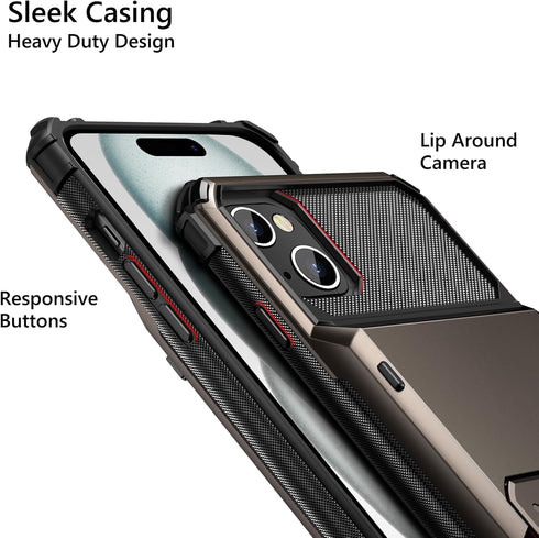 Vofolen iPhone 15 Plus Case, Gun Metal, Dual Layer Shockproof Wallet with Card Holder, 4-Card Slot, 6.7'' Protective