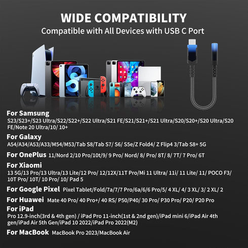 USB C to 3.5mm Headphones Jack Adapter for Galaxy S24 Ultra, iPhone 15 Pro Max, Samsung S23, Pixel 7, iPad, MacBook.