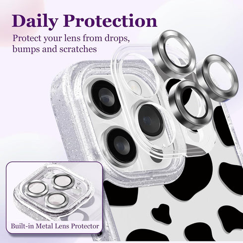 Compatible for iPhone 14 Pro Case Cute Aesthetic - Glitter Clear Phone Case with Camera Protector - Milk Cow Print Cover with Wrist Strap Design for Woman Girl 6.1"