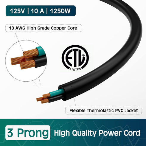 Elecan 3-Prong 10 Ft/2 Pack, 18AWG 125V 10A, Replacement Power Cord Heatproof Flexible Durable AC Device Power Cable