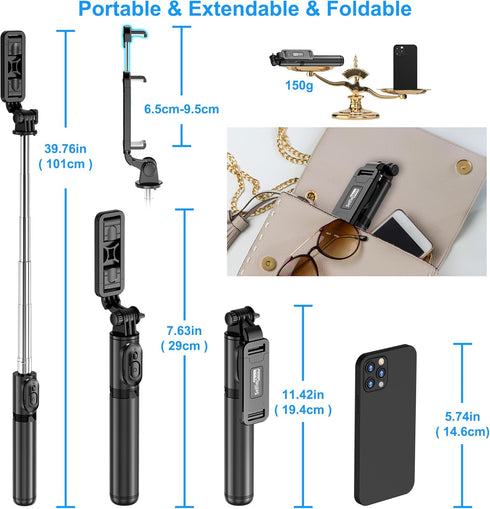 SelfieShow Extendable Selfie Stick Tripod with Wireless Remote and Stand, Portable, Lightweight for iPhone 15 14 13 12