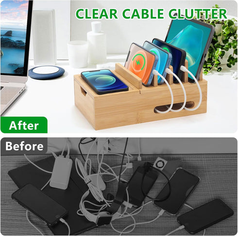 Bamboo Charging Station for Multiple Devices, Desk Organizer with Drawer & Tray, Wood Docking Station, 6 Cables