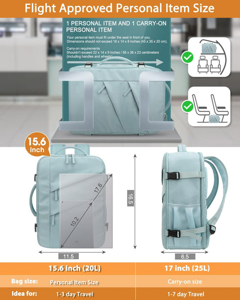 Travel Backpack for Women Men, Waterproof Laptop Backpack, Flight Approved Carry On Bag for 15.6'' Laptop, Lake Blue