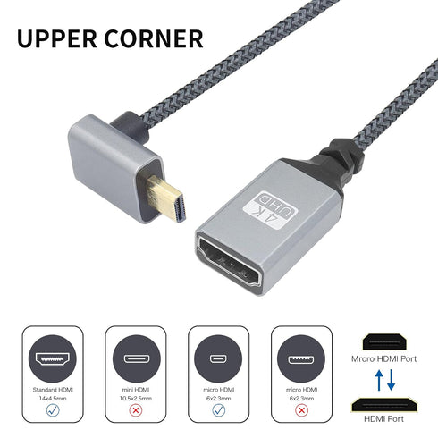 RIIEYOCA 4K Cable,90 4K etc.(20cm) Micro HDTV to HDTV Adapter Degree Up Angle Micro Male to Female Aluminum Short Nylon