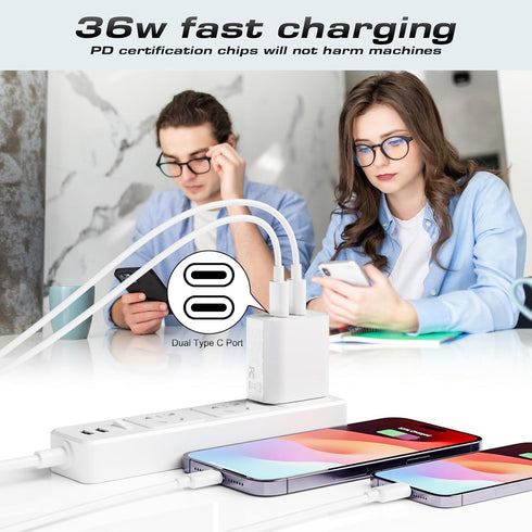USB C Charger for iPhone 16, 2 Pack 36W PD Dual USB C Port Wall Fast Charger Adapter with 2 Pcs 6 FT Cable