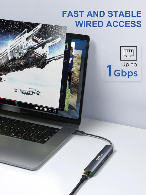 USB C Hub Ethernet, 6 in 1 Laptop Docking Station, Dockteck USB C Multiport Adapter with 4K HDMI, 100W PD, and USB Ports