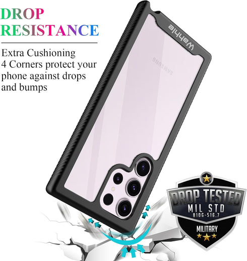 wahhle Samsung Galaxy S23 Ultra Case, Built in Screen Protector Full Body Shockproof Slim Fit Bumper Protective Phone Cover for Galaxy S23 Ultra 5G 6.8'' Men Women-Black/Clear