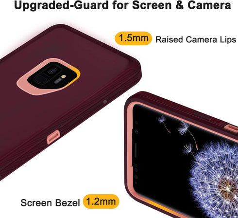 Annymall Samsung Galaxy S9 Case with Screen Protector, Heavy Duty Shockproof Drop-proof Cover (Wine/Pink)