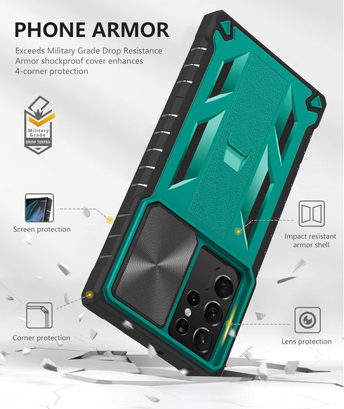Case for Samsung Galaxy S22 Ultra: Rugged Protective Mobile Phone Cover with Kickstand & Slide - Green