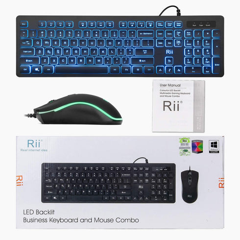 Rii Wired Keyboard and Mouse Combo, Three Colors Backlit, Quiet Input Gaming Set for School and Office