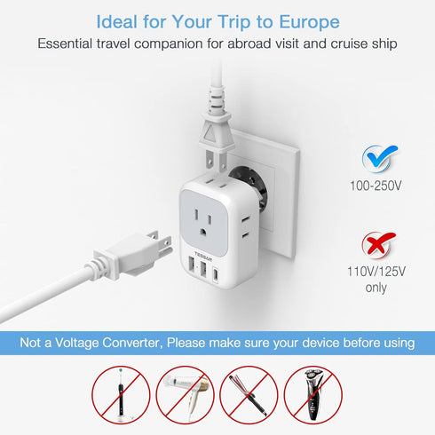 TESSAN European Travel Plug Adapter USB C, 4 AC Outlets and 3 USB Ports, Type C Power Adapter for Europe