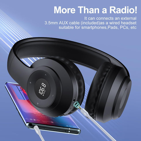X5 Rechargeable FM Radio Headphones with Best Reception, LED Display, Soft Ear Muffs, FM Headset Radio Receiver for