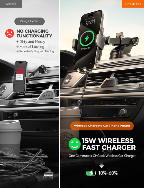 CHGeek Wireless Car Charger Phone Holder Mount, 15W Fast Charging Auto Clamping for iPhone, Samsung Galaxy, Google Pixel