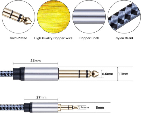 Tiierzon 1/8 to 1/4 Stereo Cable 6Ft, 6.35mm Male to 3.5mm Male TRS Bidirectional Audio Cable for Guitar, Speakers