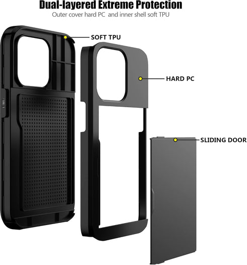 Nvollnoe for iPhone 14 Pro Case with Card Holder, Heavy Duty Protective Dual Layer Shockproof Hidden Card Slot Slim