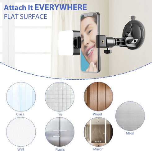 Suction Cup Mirror Phone Holder with Light, Travel Wall Phone Camera Mount for Makeup Content Creator Essentials, Mirror Tripod for Bathroom Kitchen Compatile with All Smooth Surface