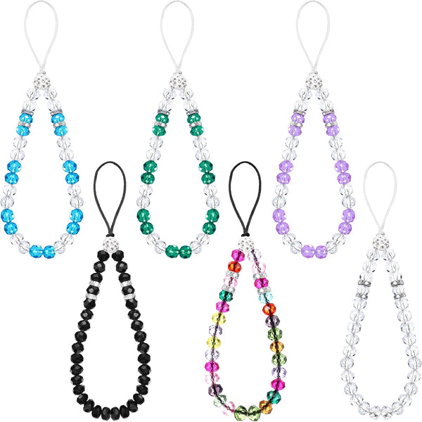 6 Pieces Beaded Cell Phone Lanyard Strap, Bling Wristlet Chain for Girls Women, Various Color