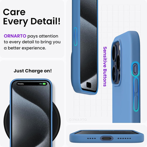 ORNARTO iPhone 15 Pro Max Case 6.7", Slim Liquid Silicone 3 Layers Soft Gel Rubber Shockproof Protective Cover, Blue