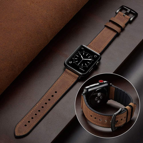 OUHENG Compatible Apple Watch Band 42mm 41mm 40mm 38mm, Sweatproof Genuine Leather and Rubber Hybrid Strap - Brown/Black