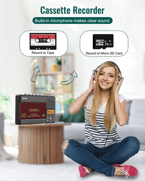 Cassette Cassette MP3 Cassette/Computer/SD 16GB SEMIER Small Tape Player, USB C or SD Card Audio to Digital Converter
