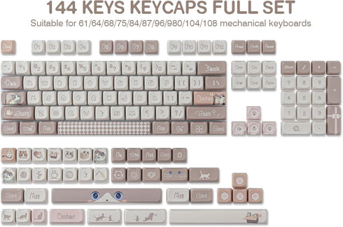 Hyekit PBT Keycaps for Mechanical Keyboard, 144 Keys Cute Cat Keycaps, Dye-Sublimation Custom Keycaps for Cherry