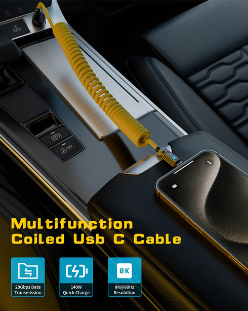 Poyiccot Coiled USB C Cable, Coiled USB C to USB C Cable 140W, 20Gbps Spring Coiled USB Type C Charger Cable, 8K@60Hz Video Transfer USB C Charger Cord for iPhone,MacBook,Max Stretched 5ft