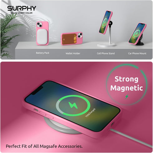 SURPHY iPhone 14 Case (6.1", 2022) - Pink Liquid Silicone, MagSafe Compatible, with 2 Screen Protectors & Camera Cover.