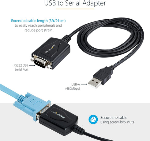 StarTech.com 3ft USB to Serial Cable with COM Port Retention, DB9 Male RS232 to USB Adapter