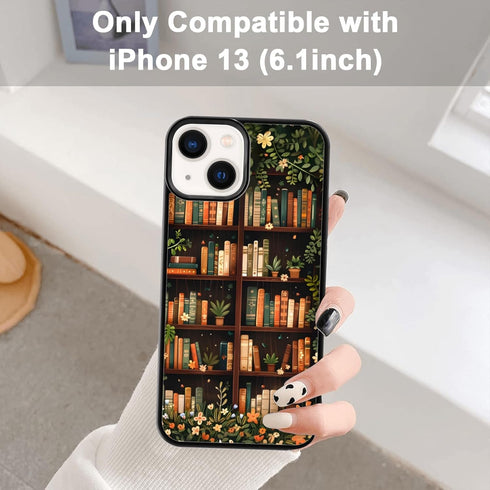 Odhtst 13/14 6.1 Inch, Aesthetic Floral Bookshelf Book Phone Case Compatible with iPhone Case TPU Shockproof Protection