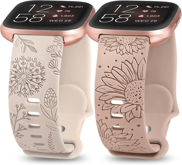 Minyee 2 Packs Floral Engraved Band, Soft Silicone Sunflower Dandelion Sport Designer Strap for Fitbit Versa 2 Women